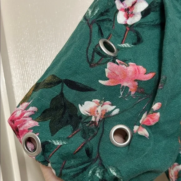 Grace Elements Green Floral Blouse Pink and White Blooms Grommets on Sleeves S - Picture 4 of 12